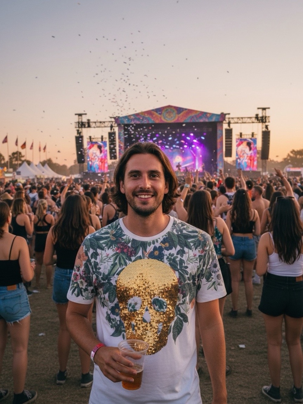Zara Men’s Floral Gold Sequin Skull T-Shirt